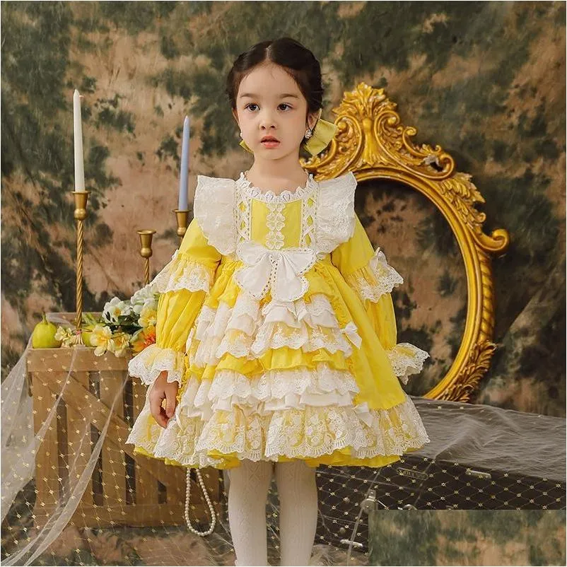 Robes de filles 2021 bébé fille lolita robe vintage espagnol enfants jaune robes enfants princesse robe de bal dentelle robe de fête goutte livrer Dhzgy