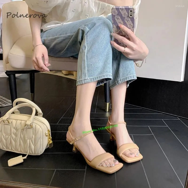 Casual Shoes One Strap Kitten Heel Sandals Solid fyrkantig Toe Ankle Buckle Dress Wedding For Women 2024 Summer Elegant Fashion