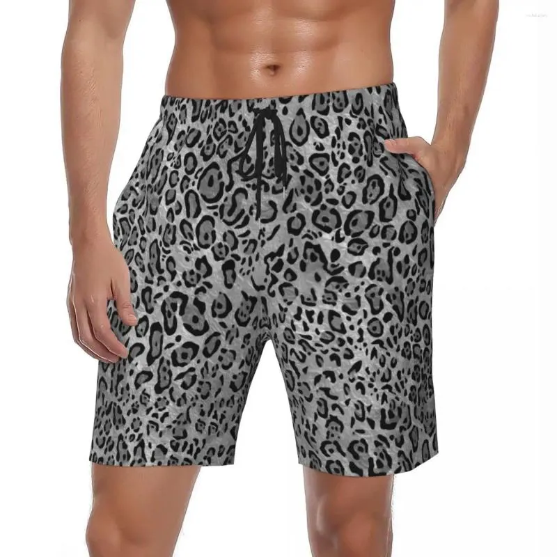 Męskie szorty szare gepardowe zwierzę zwierzęta skóra siłownia letnie stylowy monochromatyczny lampart plażowy sport sporuje szybkie suche pnie