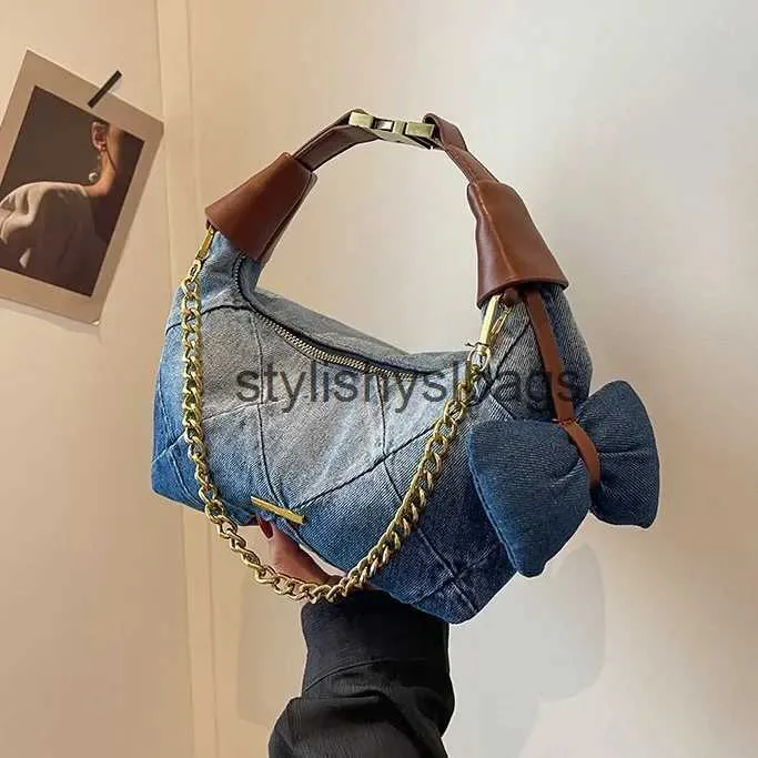 Totes Luxury Designer Lock Chain Denim e PU Xadrez Acolchoada Bolsa Jeans Retro Crossbody Bag Pequeno Hobos Tote H240330