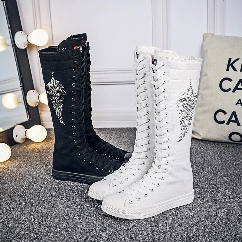 Boots Size 3443 Women Fashion Hightop Crystal Leaf Flat Boots Longbarreled Casual Flats Canvas Boots Height Increasing Shoes Ma76g