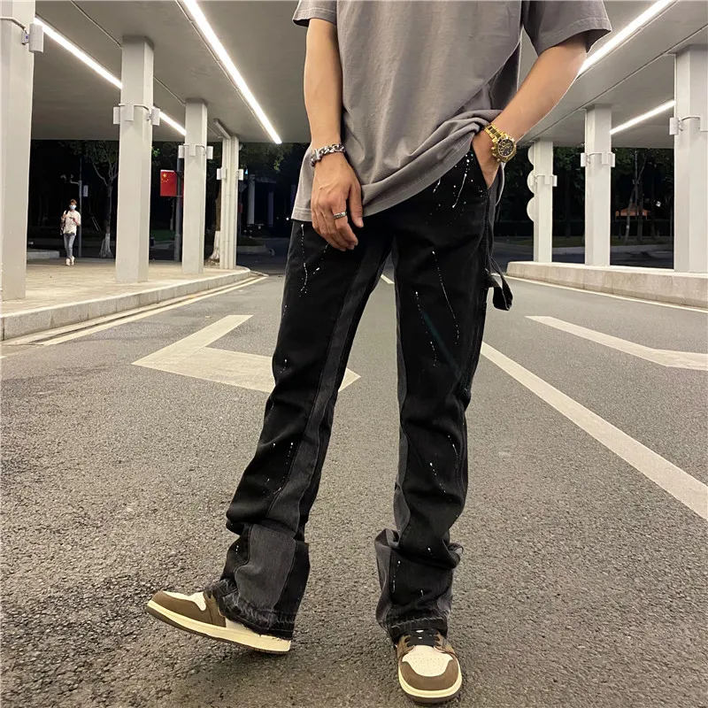 Men's Black Splashed Ink Flared Wide Leg baggy jeans