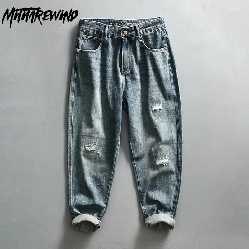 Mäns jeans amerikansk stil retro high street kausal avsmalning rippad pås