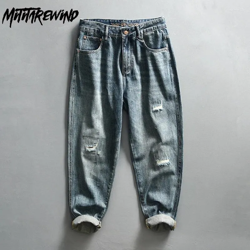 Herren-Jeans, amerikanischer Stil, Retro, High Street, kausal, konisch, zerrissen, Baggy, mittlere Taille, Baumwolle, gewaschen, blaue Denim-Hosen, modisch