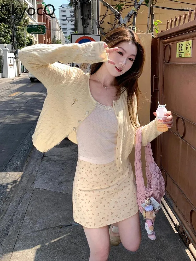 Work Dresses GkyocQ Korean Chic Fashion Women Three Piece Sets Yellow Long Sleeve Knitted Cardigan Camisole Floral Printed Short Skirt