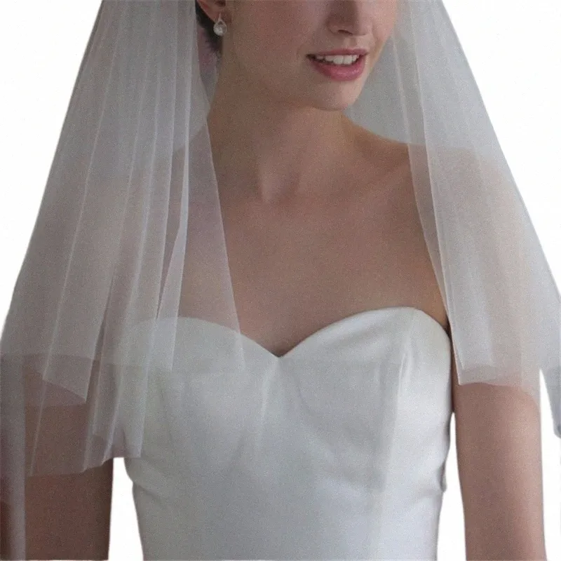 semplice velo da sposa a due strati velo da sposa corto in tulle bianco avorio con pettine accessori da sposa I9G6 #