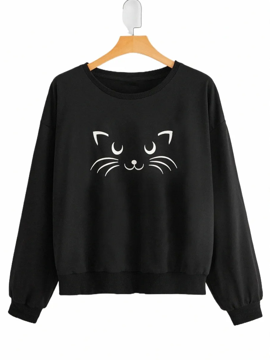 finjani Plus Size Women Hoodie Cat Print Thermal Lined O-Neck Sweatshirt Casual Clothing For Autumn New K36x#