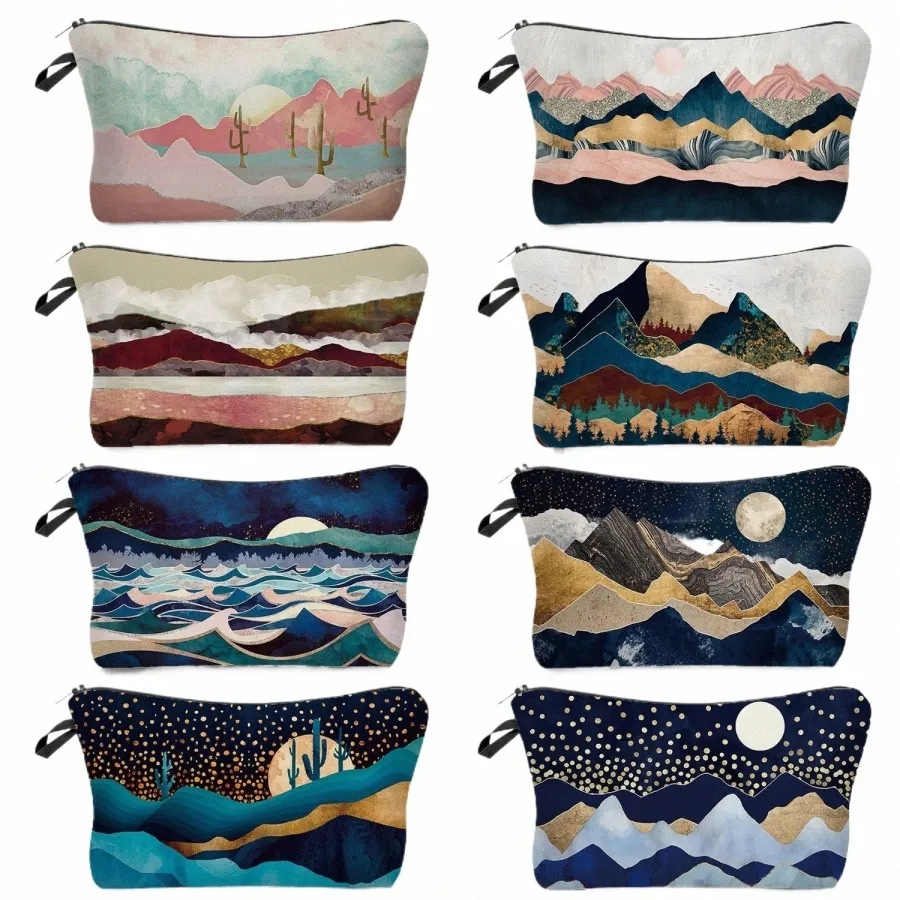 makeup Bag Zipper Heat Transfer Pencil Cases Organizer Oil Painting Mountain Forest Printing Casual Gift Bag Women Cosmetic Bags h0aI#