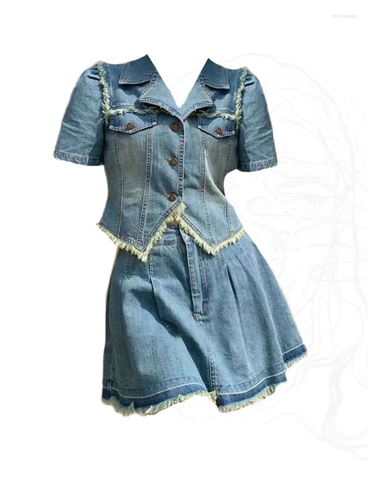 Sukienki robocze Wysokiej jakości stroje 2-częściowy zestaw spódnicy biuro Polo Neck Cowboy Owewear krótkie rękawie niebieskie dżinsowe styl preppy line
