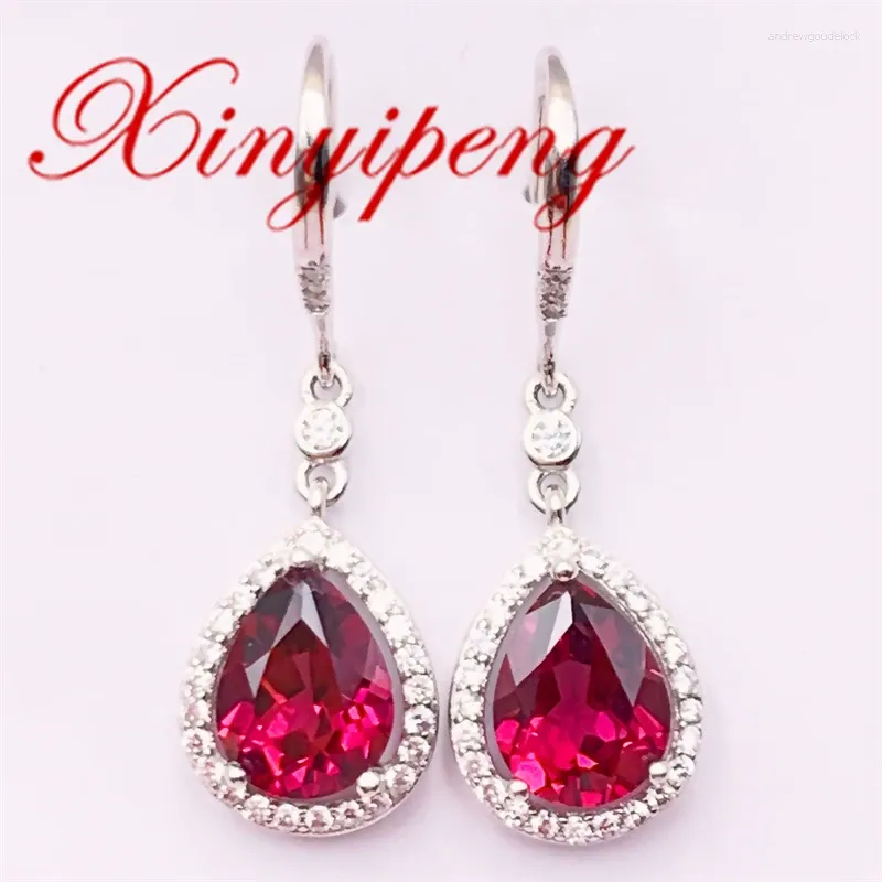 Brincos Xin Yipeng Fine Gem Jóias Real S925 Sterling Silver Banhado Ouro Branco Incrustado Natural Garnet Brinco Presente de Aniversário para