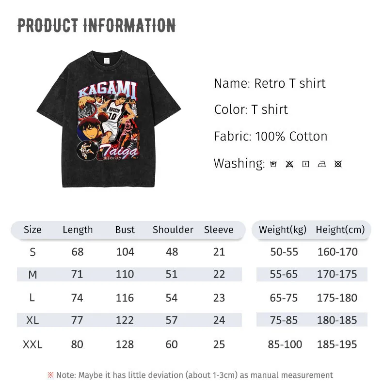 Kagami Taiga Anime Graphic T-Shirt Casual Vintage Washed Oversized