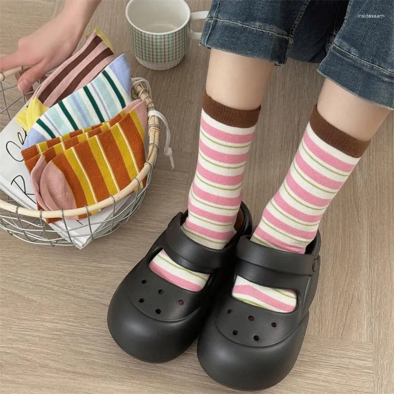 Women Socks Trends Woman Mixed-Color Cotton Casual Femme Striped Absorb Sweat Soft Novelties Crew For Japanese Style