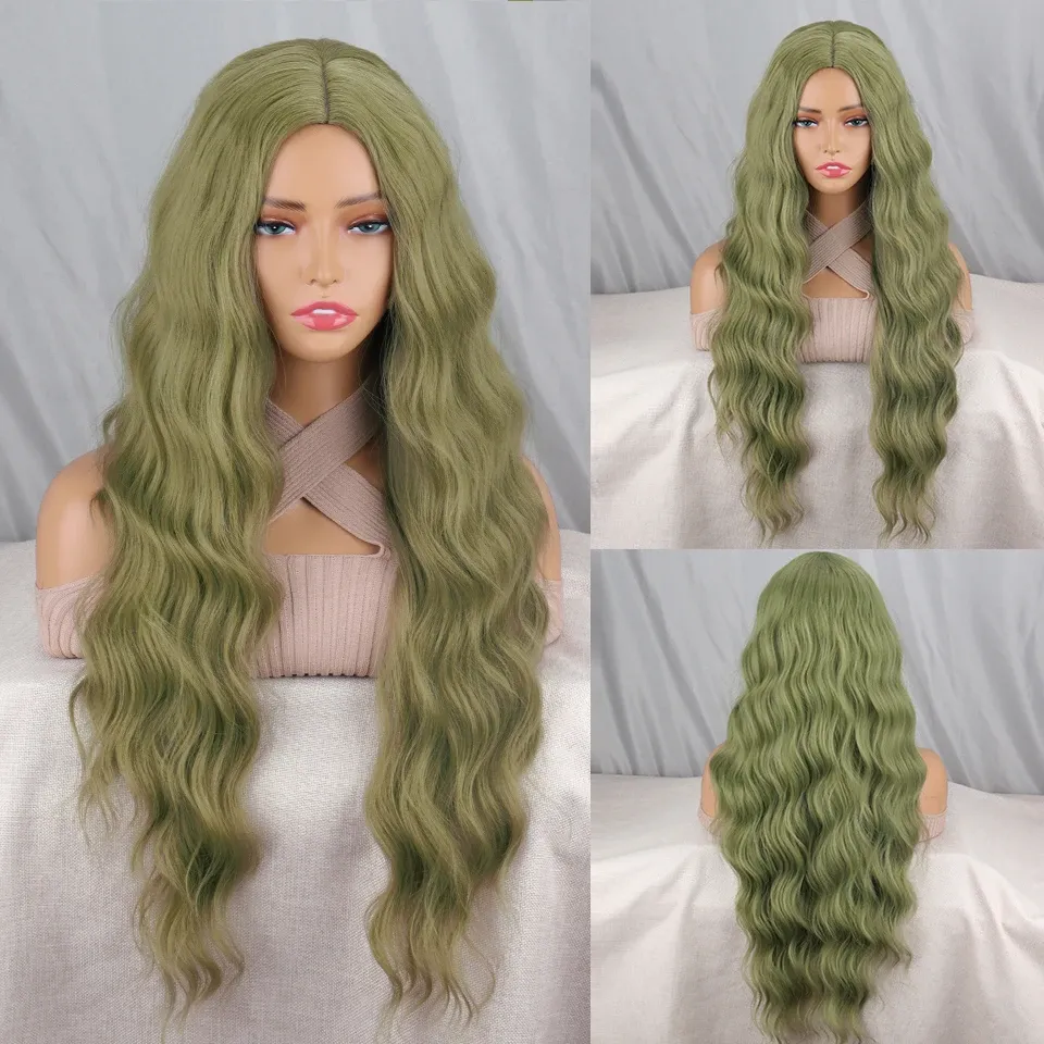 Wigs Green synthetic wig with long wave shape, women's heatresistant natural center, suitable for roleplaying parties