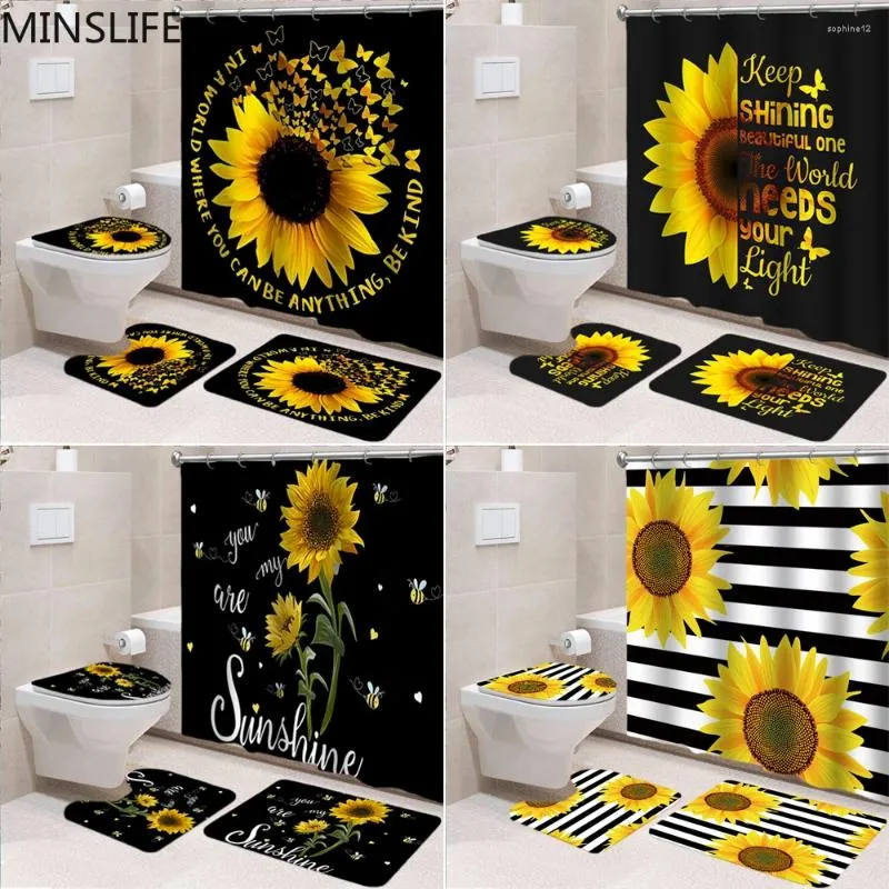 Rideaux de douche Modèle imprimé de papillon de tournesol 180x180cm tapis piédestal couvercle couvercle couvercle de toilette