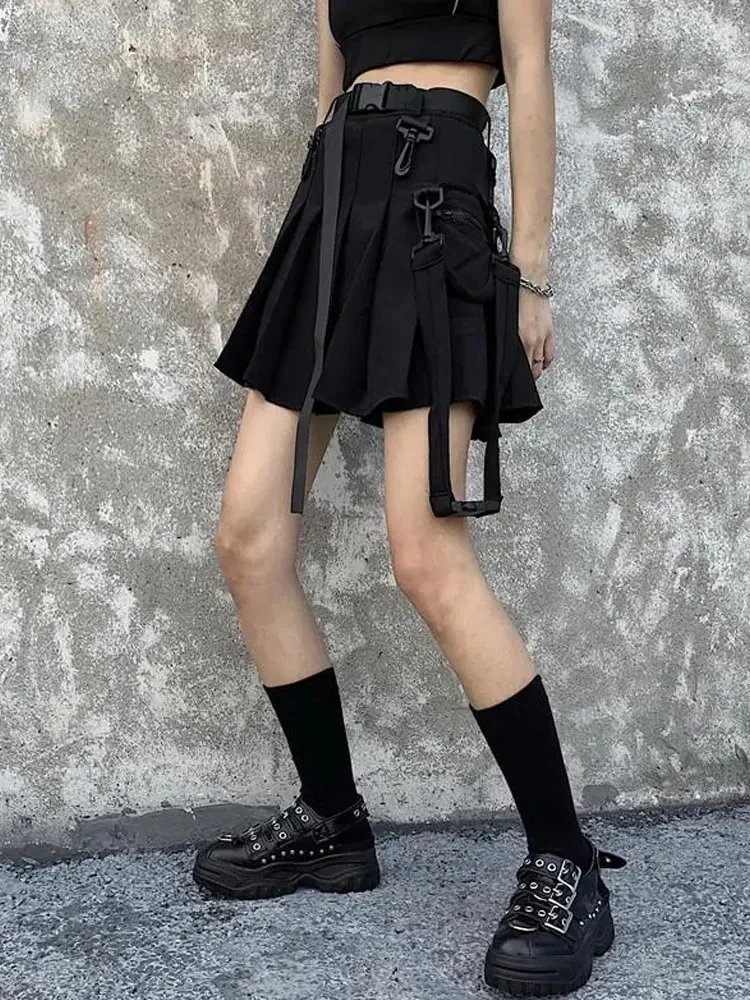 QWEEK Black Uniform Skirt: Womens Techwear Cyber Goth Mini