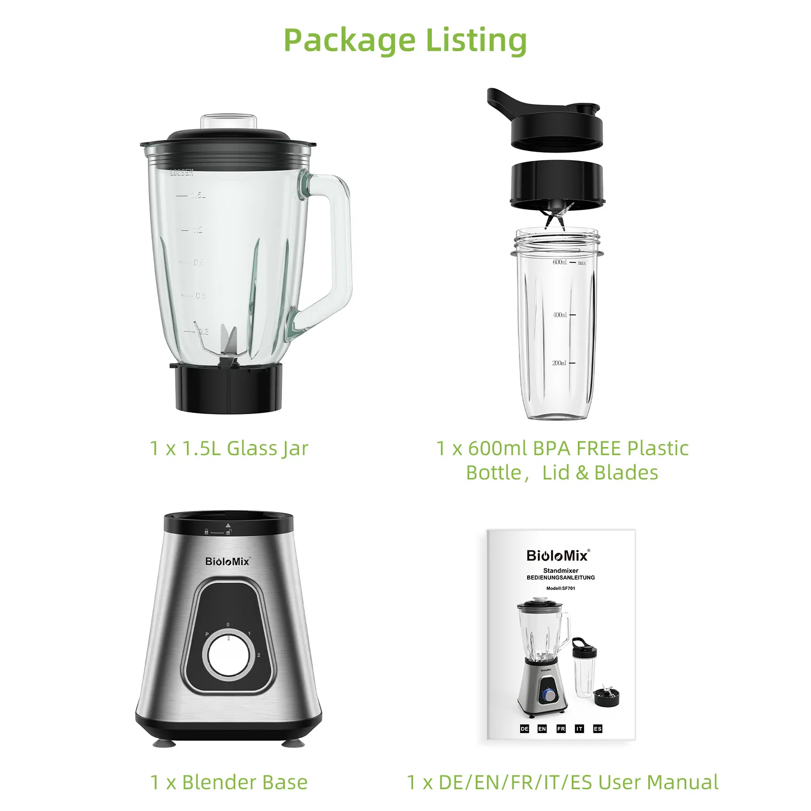 BioloMix 1300W Smoothie Blender with 1.5L Glass Jar for Frozen