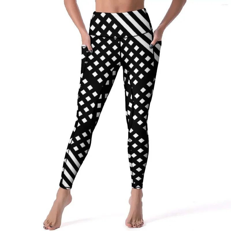 Leggings da donna a righe bianche nere sexy astratti geometrici da allenamento pantaloni da yoga collant sportivi elasticizzati a vita alta tasche eleganti