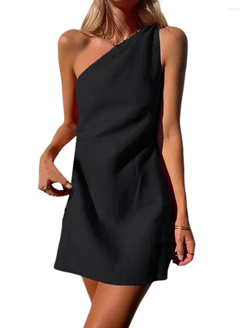 Casual Cotton Linen One-Shoulder Black One Shoulder Dress for Women - Sleeveless A-Line Cocktail Black One Shoulder Dress