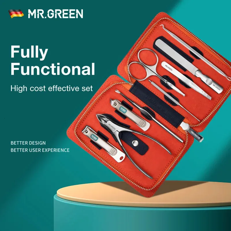 Mr.Green Manicure Set 9 in 1 전문 실용 키트 가죽 케이스 스테인리스 스틸 네일 클리퍼 개인 관리 도구 240321