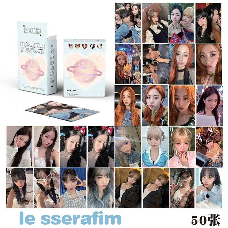 50pcs KPOP Lesserafim Laser Album Card Round Corner Lomo Card Kim Chaewon Sakura Huh Yunjin Kazuha Hong Eunchae PhotCard