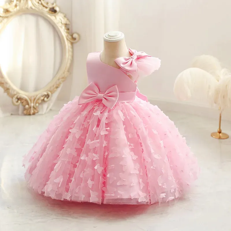 Baby Big Bow Lace Dress Birthday Party Fashion First Birthday and Christmas Novelty Girl Sheer Paljett Princess Dress 0-6T 240319
