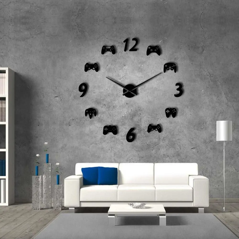 비디오 게임 컨트롤러 DIY 대형 게이머 벽 시계 게임 룸 장식 현대 디자인 프레임이없는 거대한 벽 시계 게임 소년 방 벽 시계