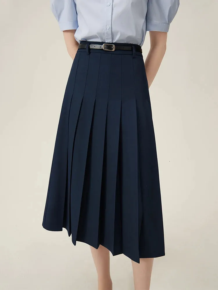 FSLE Women Zipper Waist Office Lady Grey Skirts Pleated Design Navy Blue Color Summer Long Skirt 24FS12177 240323