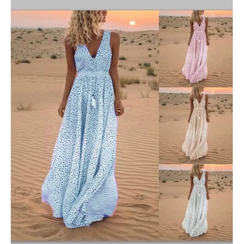 Summer fashion in Europe and the United States new V-neck sleeveless dress holiday beach wave point Bohemian dress