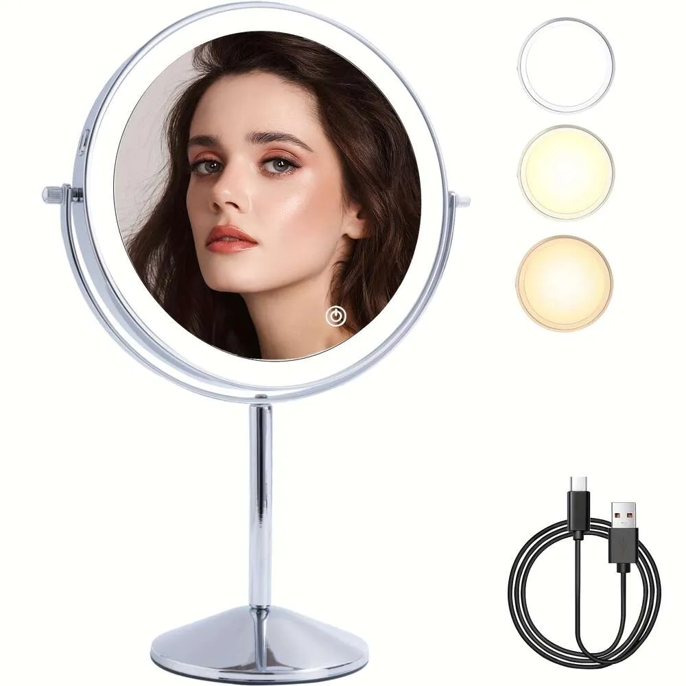 Miroir de maquillage intelligent double face de 8 pouces, miroir grossissant 1X 10X, miroir auto-rotatif, 54 perles LED super lumineuses et trois modes d'éclairage, excellent cadeau d'anniversaire pour les femmes