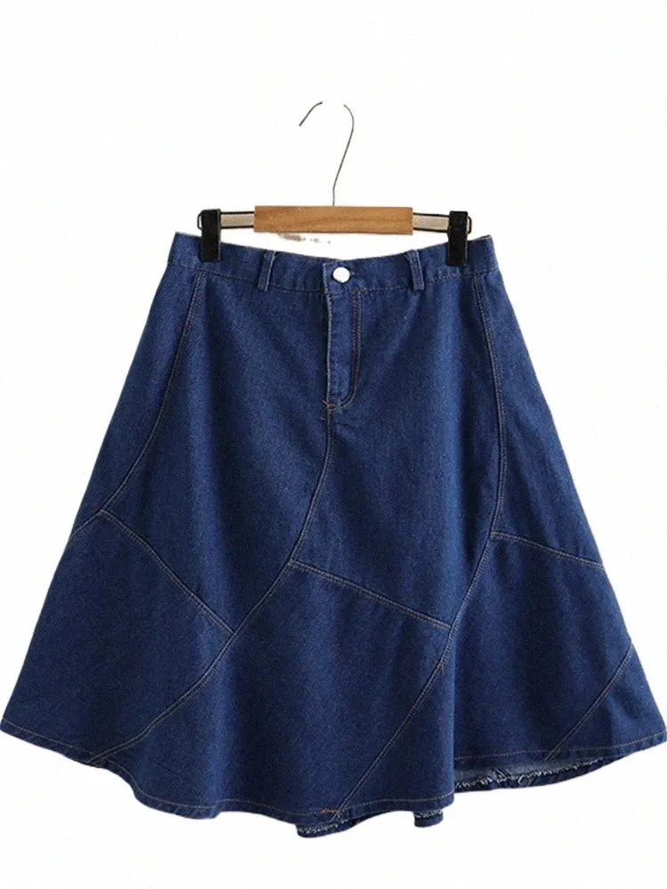 plus Size Women's Denim Skirt Elastic Belt Butt Loose Big Hem Skirt Knee-Length Skirt Thin Denim Fabric Splice Umbrella L8fy#