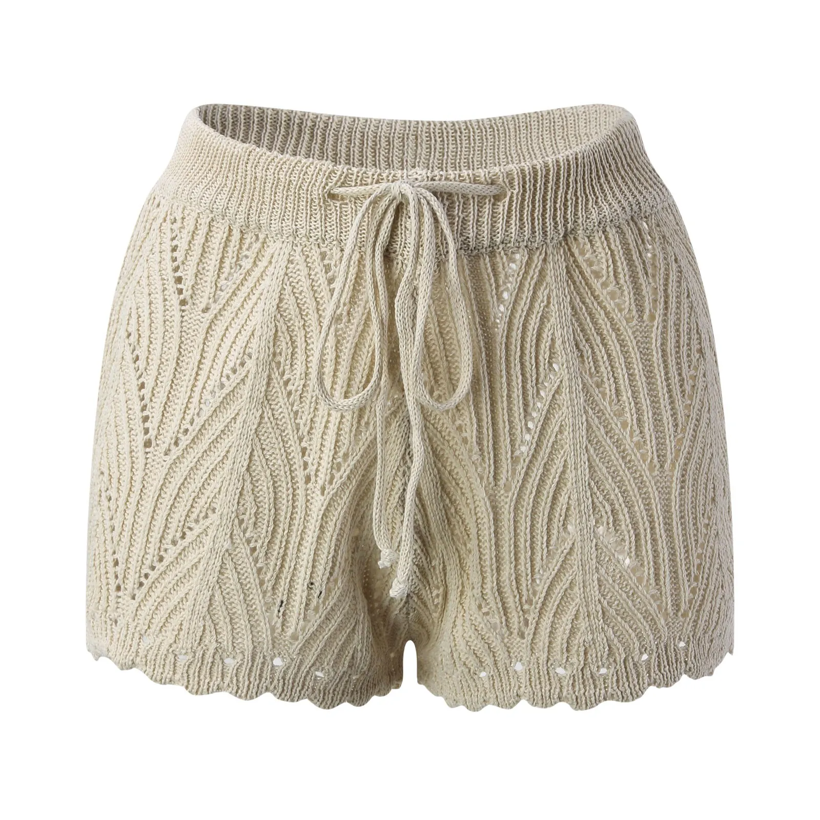 Knit Crochet Shorts Women Drawstring Waist Cotton Knit Mid-Thigh