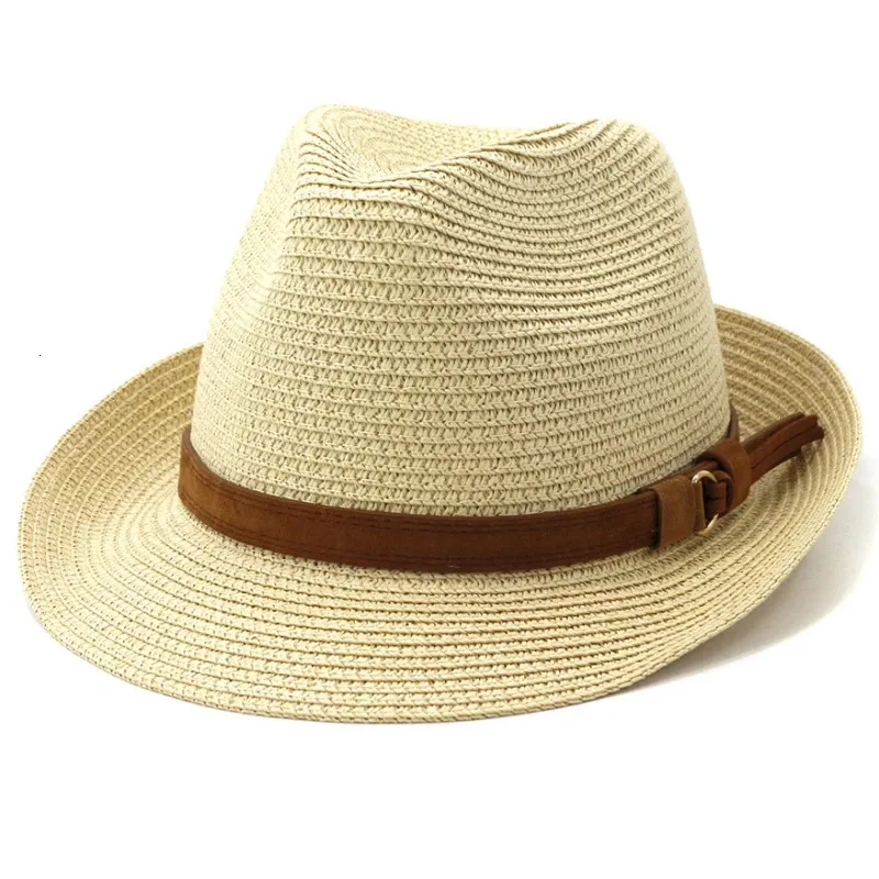 HT3618 Chapeau de soleil d'été hommes femmes à bord court Jazz Trilby Fedora mâle femme paille plage Panama ceinture en cuir casquette 240320
