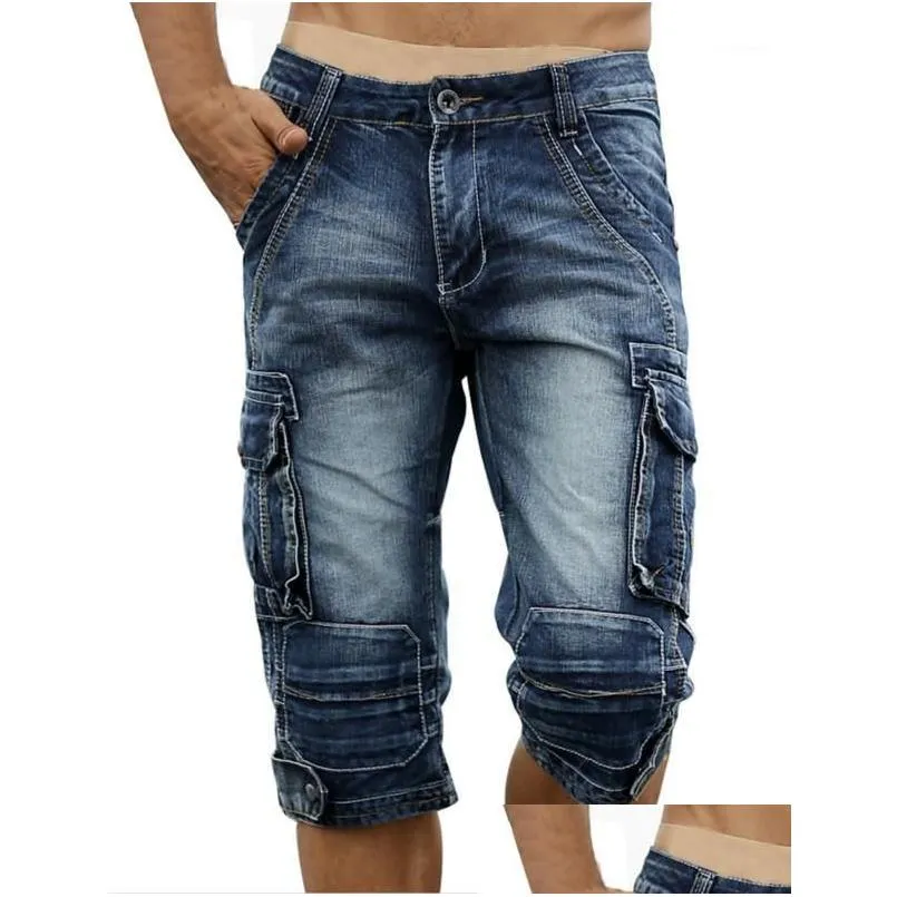 Mens jeans verão retro carga denim shorts vintage ácido lavado desbotado mti-bolsos estilo militar motociclista curto para menmens gota entrega dhwbt