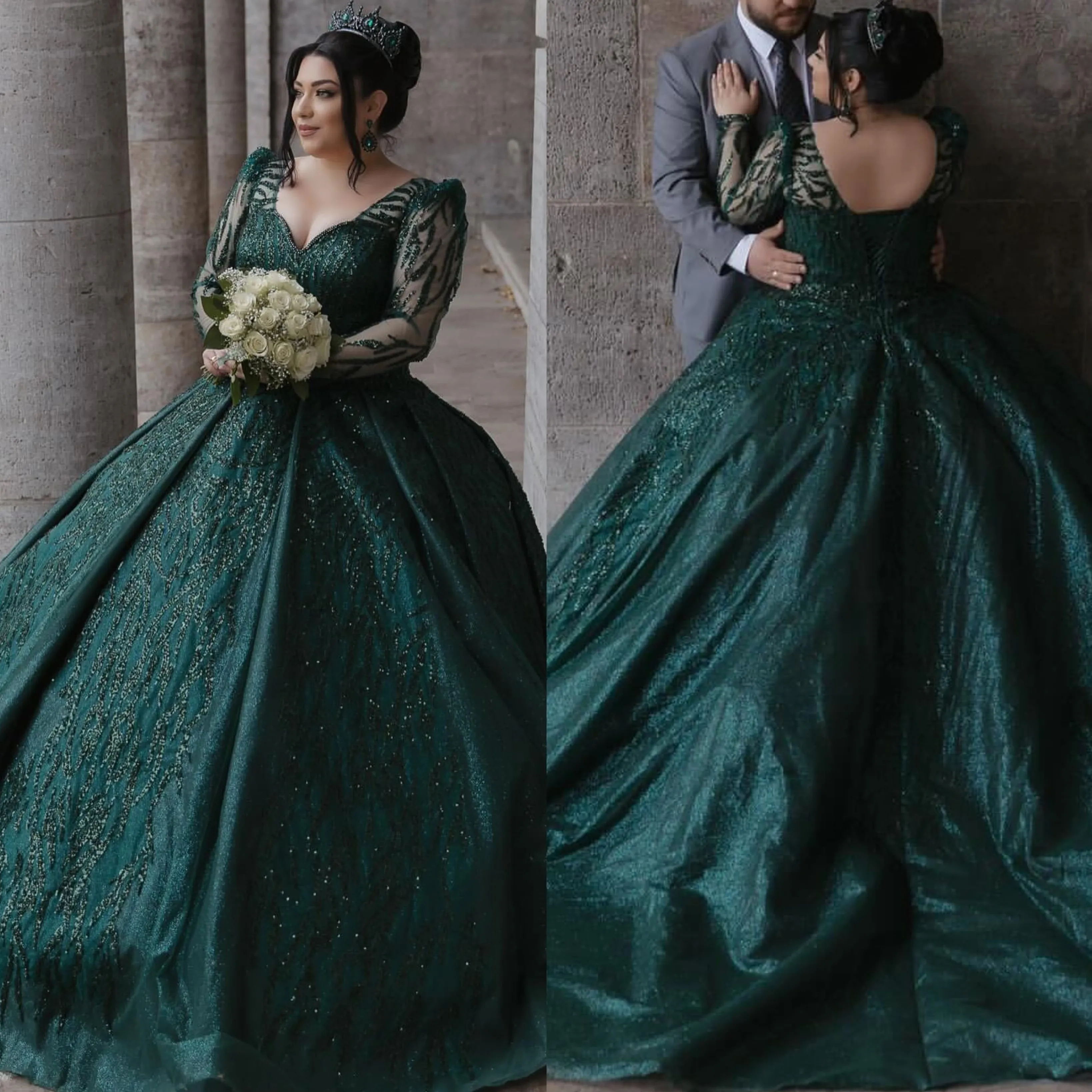Ball Dark Green Gown Wedding Dress V Neck Beading Sequins Illusion Long Sleeves Wedding Dresses Bridal Gowns Ruffles Dubai Saudi Arabic Bride Dress es s