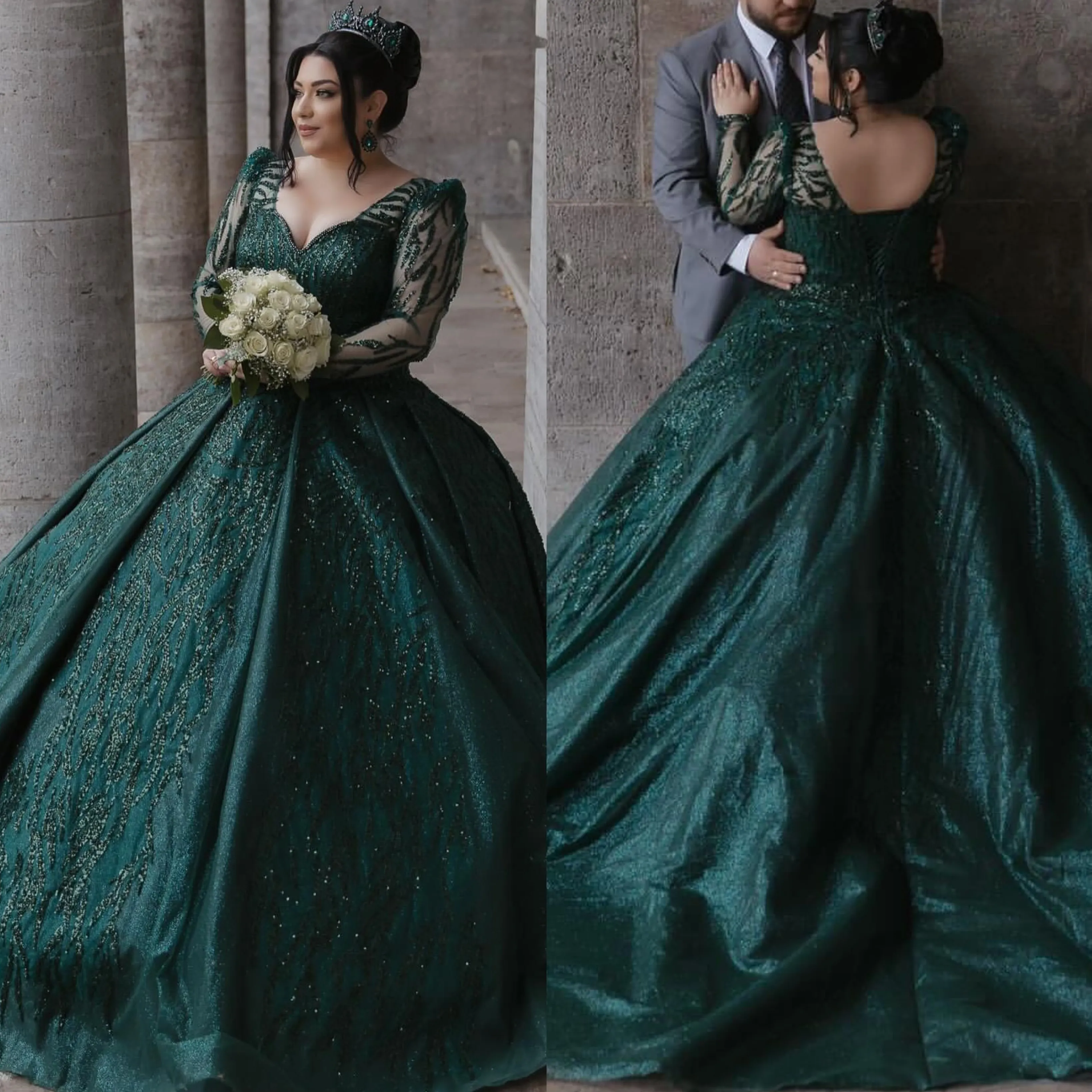 Dark green sequined ball gown wedding dress with V-neck, beads, backless  sweep train for beach summer weddings from Dhgate Ball Gown Wedding Dresses  - price 238.49