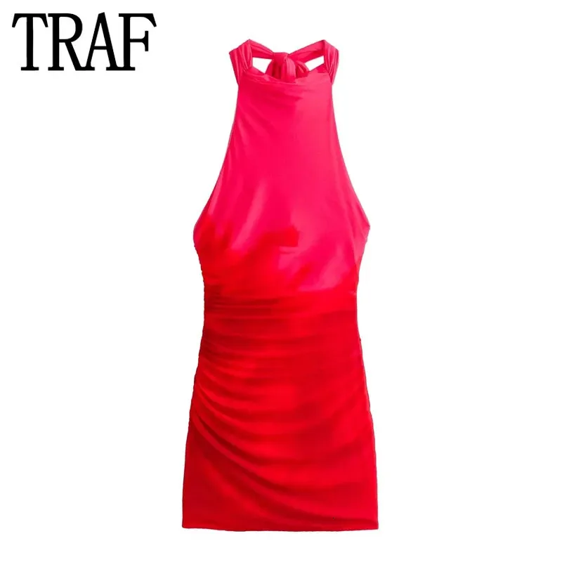 TRAF Stampa Halter Mini Abito Donna Tulle Backless Bodycon Dres Increspato Abiti corti sexy 2024 Off spalla Party 240326