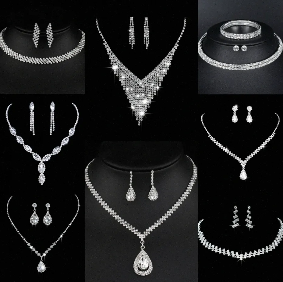 Wertvolles Labordiamant-Schmuckset Sterlingsilber-Hochzeits-Halsketten-Ohrringe für Frauen-Braut-Verlobungs-Schmuck-Geschenk o7xV #