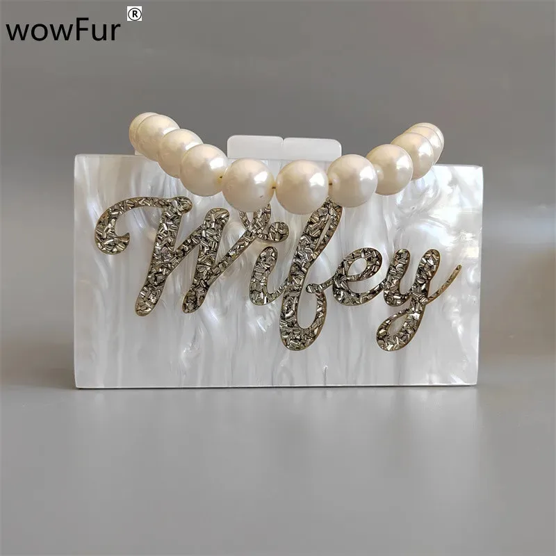 Women Pearl White Silver Glitter Letter Name Wifey Acrylic Evening Clutch Bag Ladies Chain Party Shoulder Purses And Handbag 240321