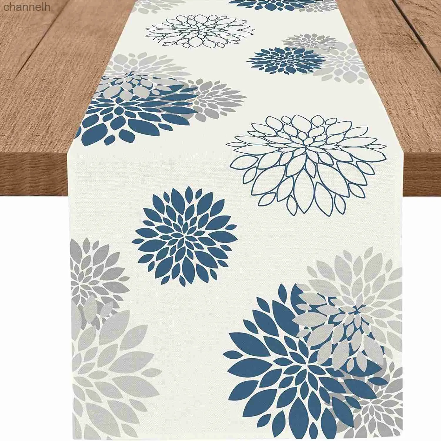 Bordslöpare Blue Grey Dahlia Flower Linen Holiday Party Decoration Modern Pompon Dining For Kitchen Decor YQ240330