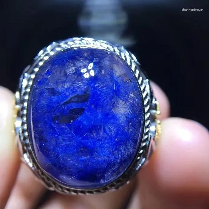 Bagues de cluster Naturel Bleu Rutilé Dumortierite Quartz Bague réglable 17,5 / 14mm Grand Ovale Femme Hommes Bijoux AAAAAAA