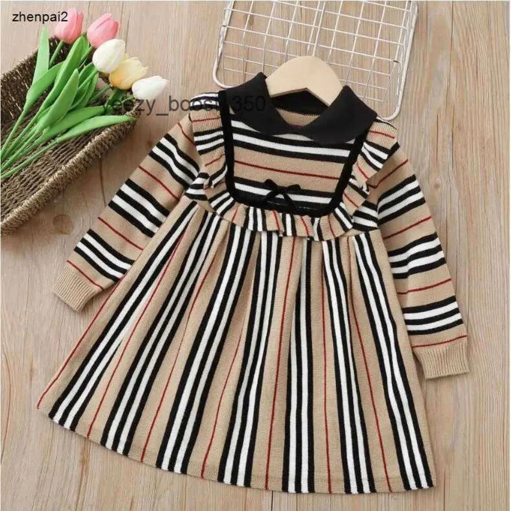 Burberrlies Luxury Lovely Baby Girls Striped Princess Dresses Autumn Kids Sticked Dress Spring Children Long Sleeve Dresses 2-7 år