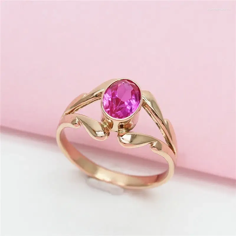 Cluster-Ringe 585 Lila Gold mit rosa Edelstein für Frauen, süßer, ausgehöhlter Design-Ring, vergoldet mit 14 Karat Rose, feine Schmucköffnung