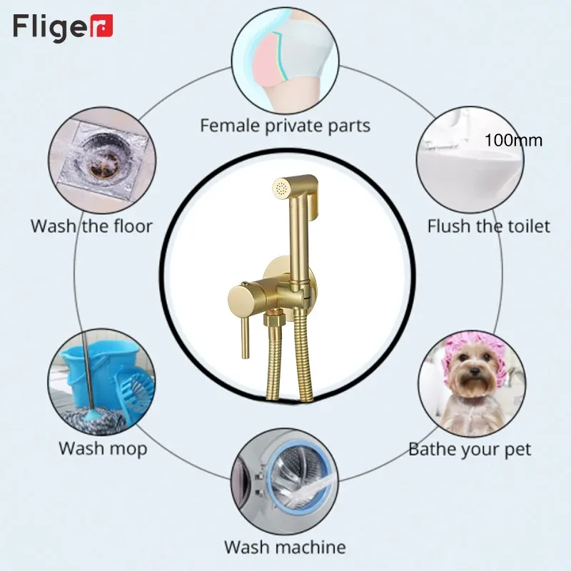 Fliger Gold Bidets Brass Handheld Toilet Bidet Sprayer Hygienic Shower Bidet Faucet Hot Cold Water Toilet Bidet Portable Bidet