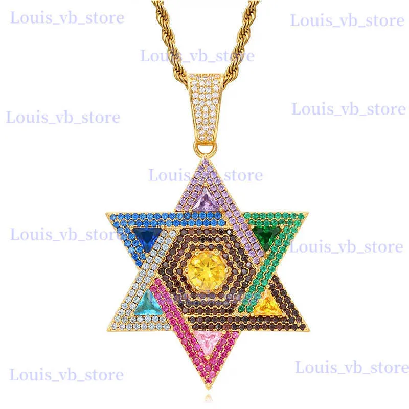 Hanger Kettingen Hip Hop Micro Verharde AAA CZ Steen Bling Ice Out Multicolour Davidster Hexagram Hangers Ketting voor Mannen Rapper sieraden T240330