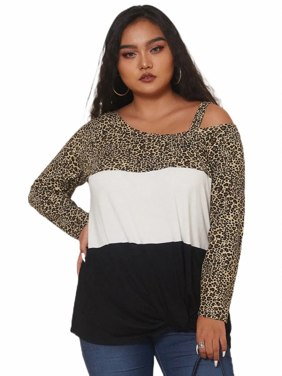 Plus-storlek LG Sleeve Spring Autumn Fi Chic Topps Women Leopard Patchwork skev krage t-shirt kvinnlig stor storlek blus 5xl 6xl j4hs#