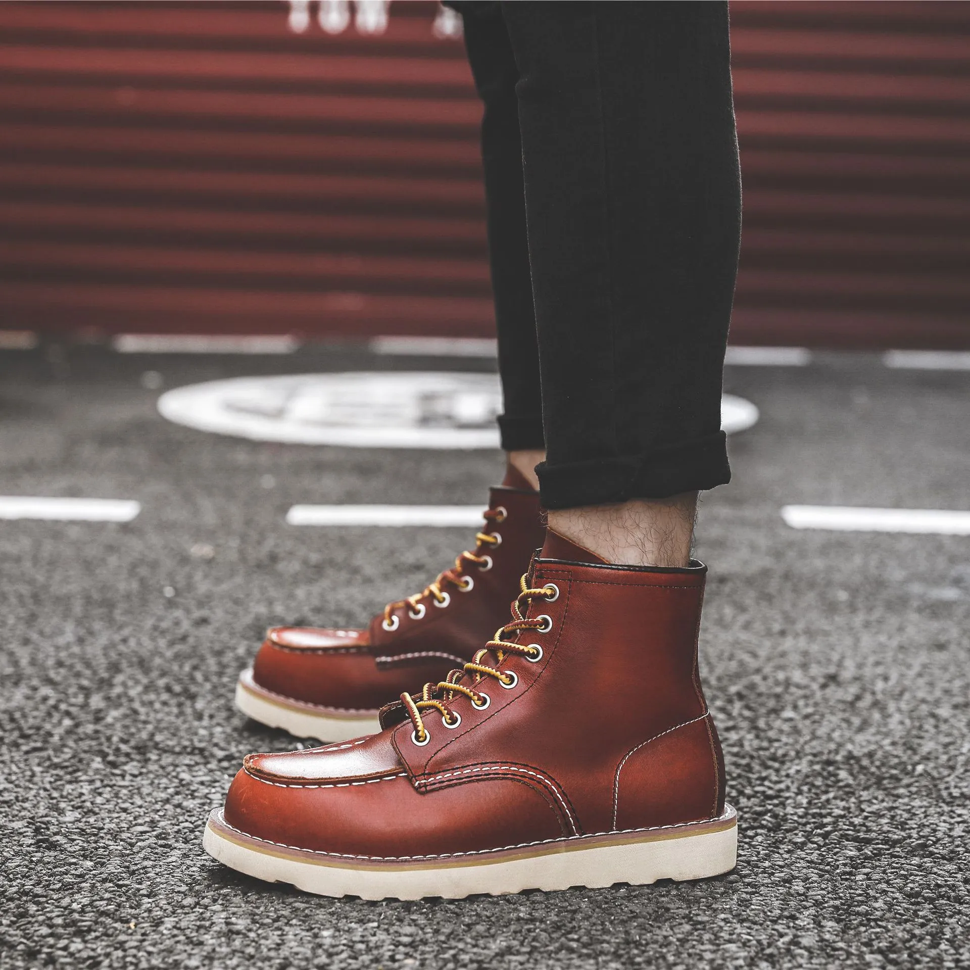 Herren Frühling Winter Freizeitschuhe Runde Zehen Echtleder Arbeitsstiefel Knöchel Vintage Militär Motorradstiefel Schnee Warm Große Größe_voghion.com