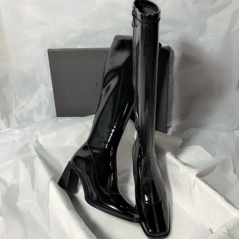 Ladies black patent knee high boots deals