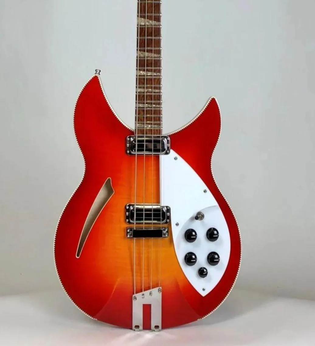 4005 4 strängar Cherry Sunburst Fire Glo Electric Bass Guitar Semi Hollow Body Vintage Yellow Triangle Mop Inlay Checkerboard Bin3938283