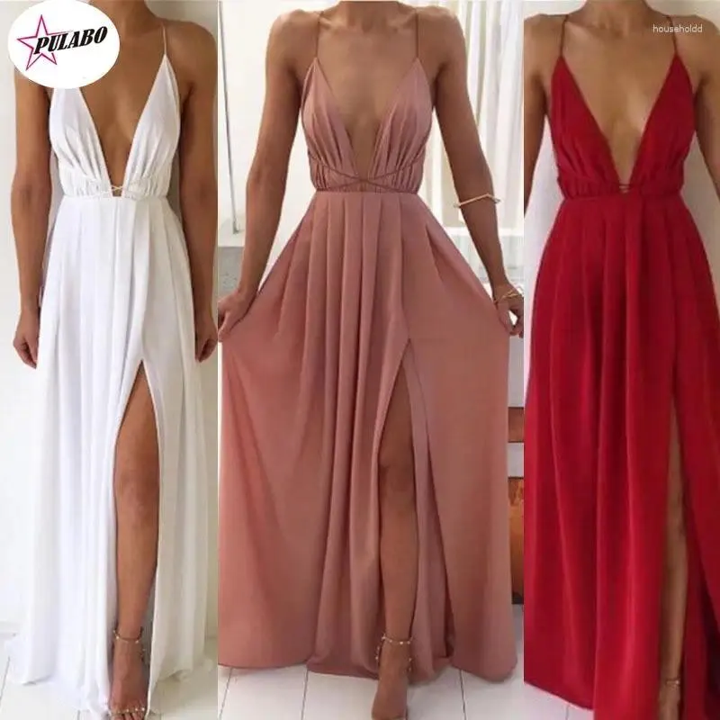 Robes décontractées PULABO Femmes Bohème Longue Fête Bal En Mousseline De Soie Maille Maxi Solide Spaghetti Sangle Dos Nu SunParty Femme Robe Robe