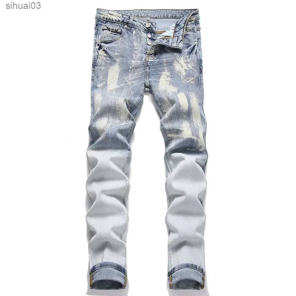 Mäns jeans herrar knapp flyga stretch denim jeans street kläd tvätt ljus blå byxor tätt avsmalnande byxa2403